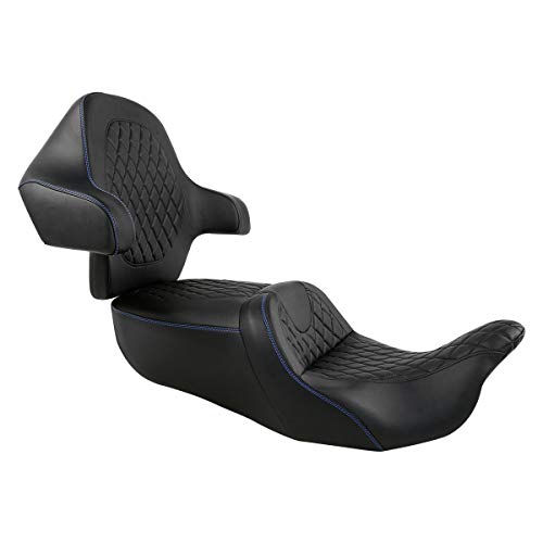 C.C. RIDER Driver Passenger Seat with Wrap-around King Tour Trunk Backrest Pad Sissy Bar fit for Harley Touring Road King FLHR Street Glide FLHX Road Glide FLTRX Electra Glide 2014-2023 - color: 04# Blue+ Passenger Backrest