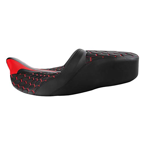 C.C. RIDER Leather Driver Passenger Seat - Bagger Comb Strapped 2-Up One-Piece Fit for Harley Touring Road King FLHR Street Glide FLHX Road Glide FLTRX Electra Glide FLHT 2009-2023 - color: Black+Red
