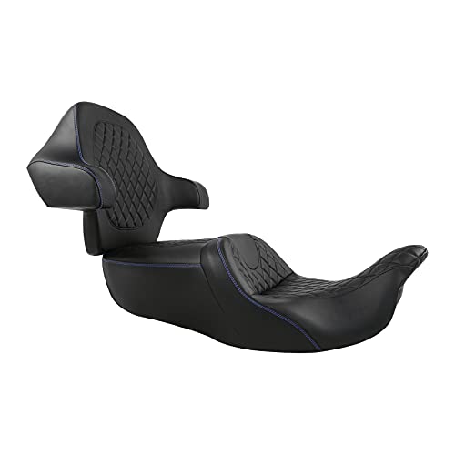 SLMOTO Gel Hammock Seat + Passenger Backrest Fit for Harley Touring Road King Glide Street Glide Electra Glide 2014-2023 Black Blue Motorcycle 2 Up Rider Driver Seat Passenger Pad Sissy Bar - color: Gel Style B Blue Seat + Backrest