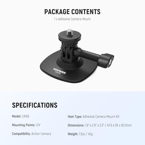 NEEWER Adhesive Mount Compatible with Insta 360 GoPro DJI AKASO Action Camera, 180° Tilt Flexible Car Helmet Holder Base Adapter for POV Video Recording Live Streaming, for 1/4" Accessories, CA159 - style: CA159(1-Pack)