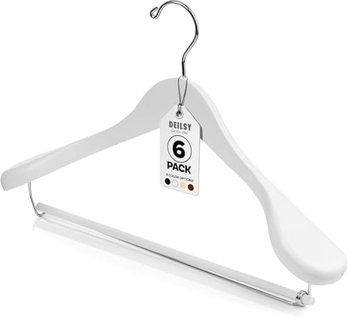 DEILSY™ White Suit Hangers for Men with Non-Slip Pants Bar & 360° Swivel Hook - Smooth Finish Wooden Coat Hangers, Heavy Duty Wooden Hanger – Pack of 6 - color: White