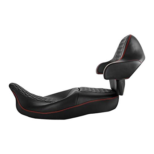 C.C. RIDER One-Piece Driver Passenger Seat with Wrap-around King Tour Trunk Backrest Pad fit for Harley Touring Road King FLHR Street Glide FLHX Road Glide FLTRX 2014-2023 - color: 08# Red+ Backrest
