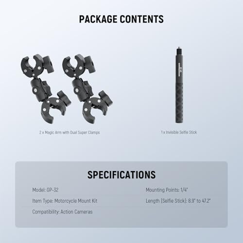 NEEWER Basics Motorcycle Bike Mount Accessories Kit, Invisible Selfie Stick Bicycle Handlebar Clamp Holder Compatible with Insta360 DJI OSMO 360 Pocket 3 Action Cameras for POV Video Recording, GP-32
