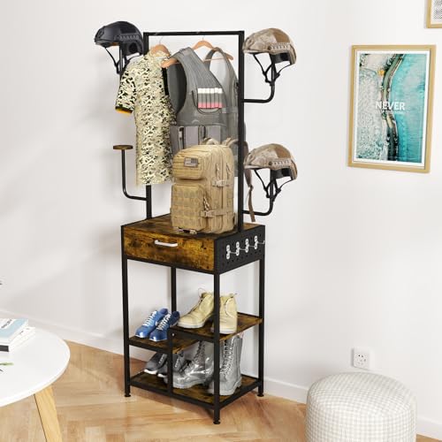 uyoyous Motorcycle Helmet Holder, Helmet Stand, Large Standing Helmet Holder, Metal Motorcycle Helmet Storage Rack with Drawer for Jacket, Hats, Multifunctional Helmet Rack, Motorcycle Accessories
