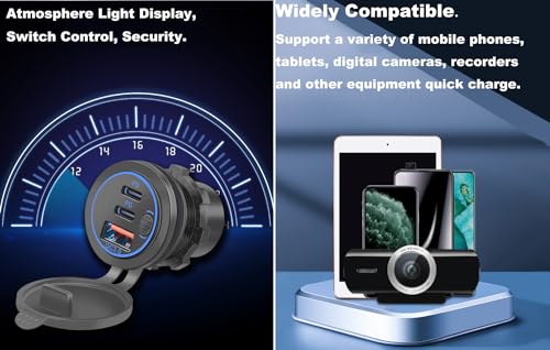 3 Ports 18W USB Car Charger with Switch, 12-24V QC 3.0 USB & Dual PD USB C Cigarette Lighter Socket Outlet, Dashboard Mount Quick Charge Charger for Car Motorcycle Truck Marine Boat (Blue) - color: Blue Light
