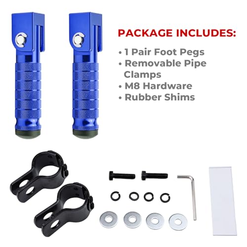2-in-1 Clamp-On & Bolt-On Foldable Foot Pegs, Motorcycle Foot Pegs with Removable Pipe Clamps, M8 Mount or 26–32mm Tube Fit, for E-Bike, Mini Bike & Custom Builds (1 Pair, Anodized Blue) - color: Anodized Blue