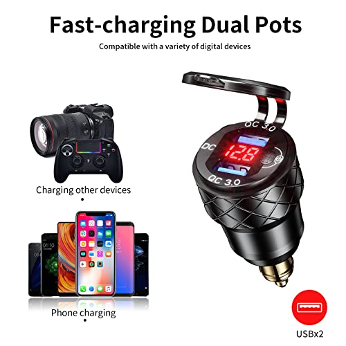 Kewig Aluminum DIN Plug Charger Motorcycle Dual Quick 3.0 USB Charger Power Adapter with LED Display Waterproof for 12V-24V BMW Ducati Triumph DIN Socket - style: Red with Blue Light