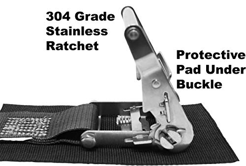 1.5 Inch Stainless Steel Ratchet Strap with Protective Pad Under Buckle, Stainless Steel Carabiner Clip with Grommet On Both Ends, Total Strap Length 10 Ft. - color: Black