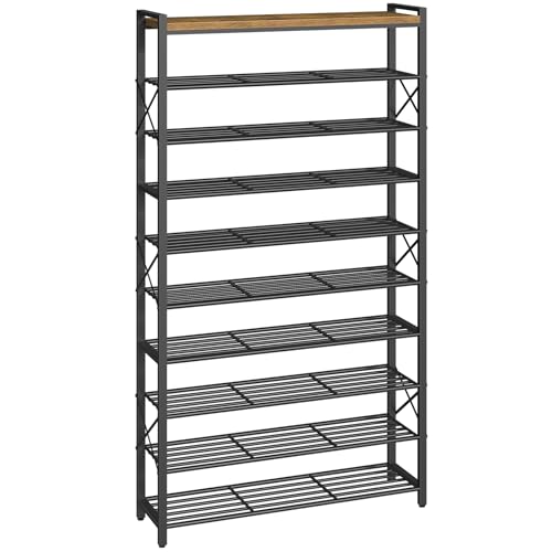 YATINEY 10-Tier Shoe Rack, 39.4" L Shoe Shelf for 45-50 Pairs of Shoes, Tall Shoe Storage Organizer with Metal Frame, Large Capacity Shoes Rack for Entryway, Closet, Rustic Brown and Black SS39BR - size: 39.4" x 11" x 68.5"