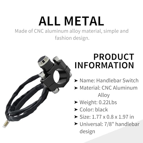 CNC Aluminum 7/8" Motorcycle Handlebar Control Horn Start Switch Button Momentary Action with Two Bullet Connectors Black
