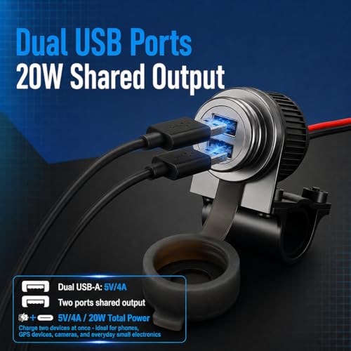 Cliff Top Motorcycle USB Charger Waterproof Dual USB Port 4A 20W, with Magnetic Power Switch Heavy Duty for 7/8’’ and 1’’ Handlebars - Prevents Battery Drain - size: 4A 20W Dual USB with Magnetic Switch