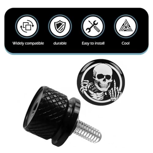 Motorcycle Stainless Seat Bolt Screw, Knurled Fender Rear Seat Screw 1/4"-20 Thread, Skull Pattern Cushion Caps, Compatible with Touring Sportster Softail (Black) - color: Black