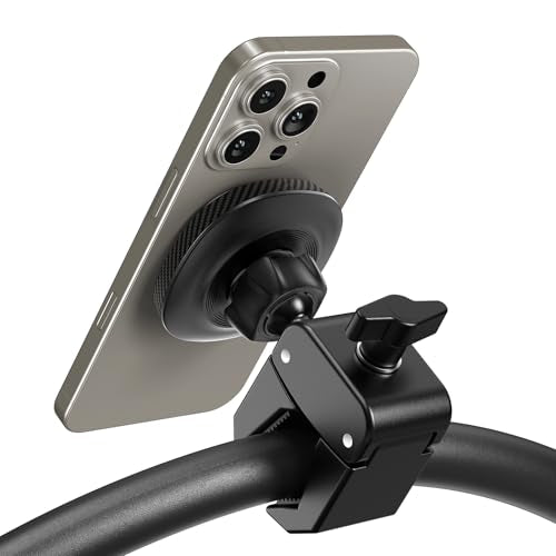 OQTIQ Phone Holder for Peloton Exercise Bike, Heavy-Duty Clamp & 17 N54 Strong Magnetic Phone Mount for Treadmill, Spin Bike, Golf Push Cart, Stroller, Fit for MagSafe iPhone 12-17 Series