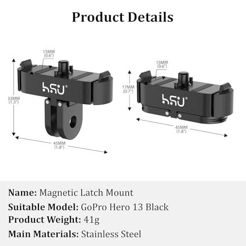 HSU Magnetic Latch Mount for GoPro Hero 13 Black/GoPro Max 2, Quick Release Mount with 1/4''-20 Screw Hole Tripod Connector Port, Metal Dual-Latch Design, GoPro Mission 1/1 PRO Accessory