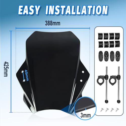 Motorcycle Universal Windshield 16.7” Windscreen Compatible with Yamaha Harley Honda Kawasaki Suzuki BMW Vulcan Cruiser Wind Deflector with 7/8" 1" 1 1/8" Handlebars, Black - color: Black