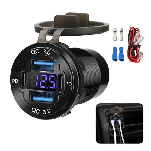 12V USB Outlet 4-Port, 78W Dual PD30W & QC3.0 Fast Charger, Waterproof Aluminum Alloy 12v Power Outlet with Blue Voltmeter for Cars RVs Boats Golf Carts Trucks Motorcycles - size: 1 pack