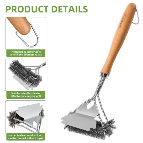 SUBEKYU Outdoor BBQ Grill Brush, 15.3'' Scraper Cleaning Brush - Stainless Steel Grill Cleaner with Scraper, Beech Wood Handle, 1Pack