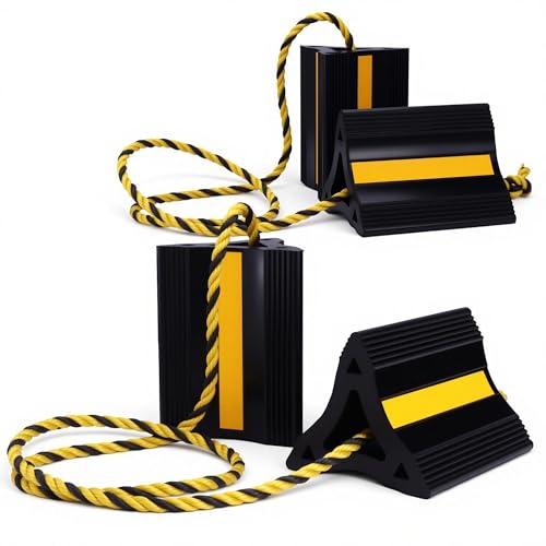 WORKPRO 4-Pack Rubber Wheel Chocks with Rope & 3 Reflective Strips, Heavy Duty Non-Slip Tire Stoppers for Cars, SUVs & Trailers, Rubber Wheel Wedges for Garage & Driveway