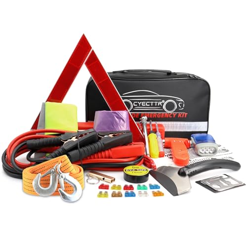 Car Roadside Emergency Kit,Auto Vehicle Truck Safety Emergency Road Side Assistance Kits with Jumper Cables,Safety Hammer,Reflective Warning Triangle,Tire Pressure Gauge,Tow Rope,etc