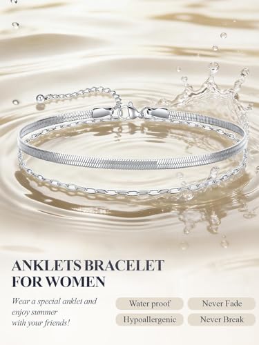 U7 Silver/Gold Ankle Bracelets for Women Layered Chain Anklets Stainless Steel Waterproof Summer Beach Anklet Cham, Adjustable 8.5"-10.5" - color: Silver - Flat Snake Chain+Paperclip Chain