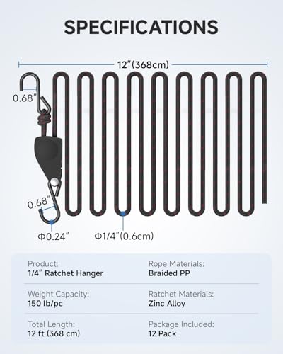 Fondwell 1/4" Rope Tie-Downs Ratchet Straps: 12 Pack of Heavy Duty Adjustable Hangers for Various Hanging and Strapping - size: 1/4" 12-Pack