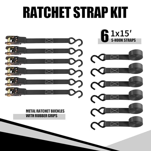Cartman 1" x 15' Ratchet Tie Down up to 1500lbs 6pk in Carry Bag, Cargo Straps - style: 6PK Black