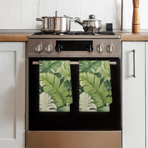 Palm Leaves Kitchen Towels Set of 2 Tropical Floral Dish Towels Bar Absorbent Cleaning Tea Towel for Home Dining Restaurants - color: White Green