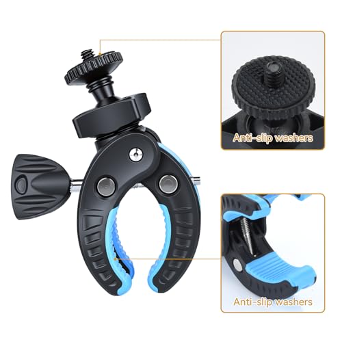UTEBIT Camera Clamp Mount, Large Clamp Opening Aluminum Alloy Clip Mount, 360° Rotation Shockproof & Anti-Slip Action Camera Clamp with 3/8" to 1/4" Reducer Nut for DSLRs Smartphones Black/Blue - color: Black + Blue