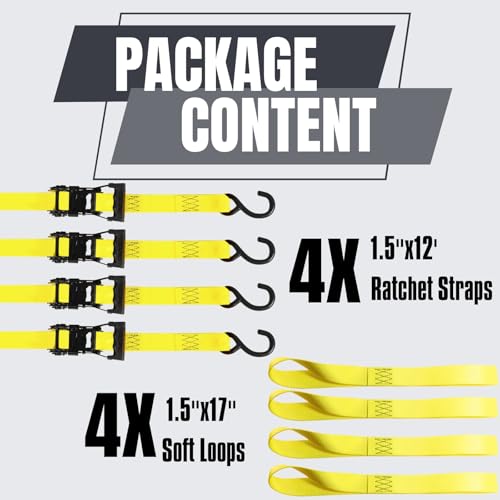 Ratchet Tie Down Straps, 1.5 inch x 12ft, 4400 LBS Break Strength for ATV, UTV, Motorcycle, Pickup Truck, Trailer, Rubber Coatded S-Hook and Soft Loop-4 Pack - color: Yellow