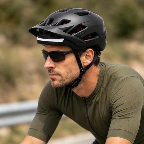 Bike Helmet, Helmets for Adults Men, Front and Back LED Lights Safe Certified MTB Road Bicycle Helmet with Adjustable Brim - color: Black, size: L (59-61cm)