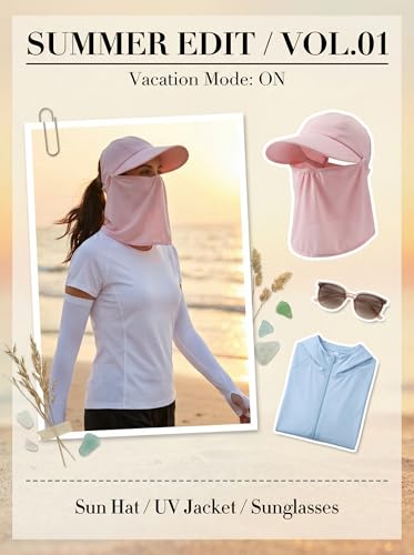 Outdoor Wide Brim Sun Hat Visor for Women, Detachable Face & Neck Cover, Hiking Gardening UPF 50+, Ponytail Friendly - color: Pink