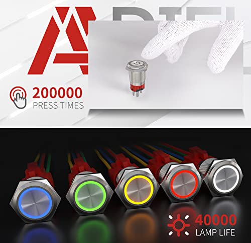 APIELE 16mm Latching Push Button Switch 12VDC On Off Stainless Steel with LED Angel Eye Head for 0.63" Mounting Hole with Wire Socket Plug Self-Locking(Green) - color: Silver Shell-Green, size: Silver Shell