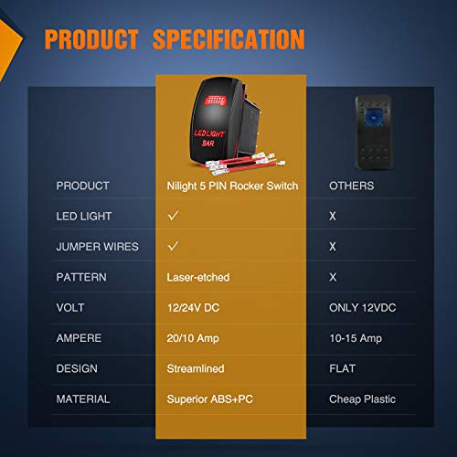 Nilight 90001R LED Light Bar Rocker Switch Red 5Pin Laser On/Off LED Light 20A/12V 10A/24V Switch Jumper Wires Set - color: Red, size: LED LIGHT BAR