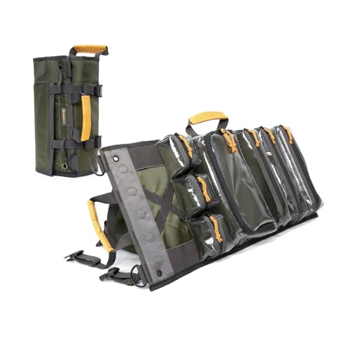 Heavy Duty Roll Up Tool Bag Organizer w/Kickstand for Upright Visibility & Easy Access, 7 Pockets w/Zippers, Multiple Carrying & Hanging Handles, Magnetic & Elastic Organizers, Adjustable Strap - style: Olive - Pro Roll Up w/ Kickstand