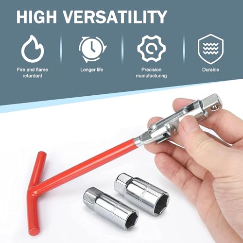 MLY 3 PCS Spark Plug Socket, T-Handle 5/8" (16mm) & 13/16" (21mm) Spark Plug Wrench Socket Set, Non-Slip Remover Installer Tool, Universal Fit for Motorcycles, Small Engines, Automotive Use (Red)