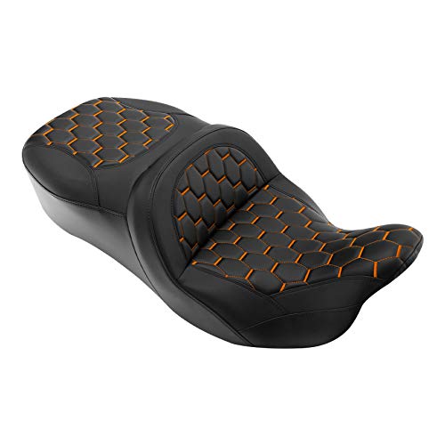 C.C. RIDER Low Profile Passenger Seat - Fat Diamond Pro 2-Up One-Piece fit for Harley Touring Road King FLHR Street Glide FLHX FLTRX 2009-2023 Bagger Comb #Orange Stitching One piece - color: Orange Stitching