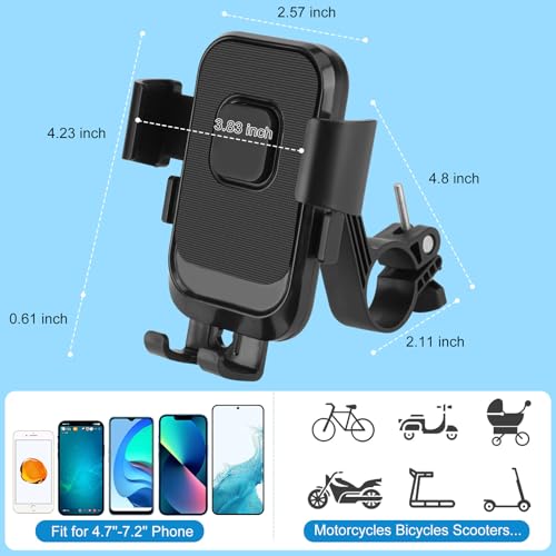 Motorcycle Bike Phone Mount, 1s Auto Lock Shockproof Anti-Shake 360° Rotation, Bicycle Electric Scooter Ebike Handlebar Cell Phone Holder for 4.7''-7.2'' Smartphones