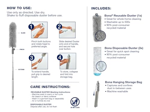 Bona High Performance Dusting System - 1 Extendable Handle, 3 Disposable Dusters, 1 Reusable Duster, & 1 Storage Bag - Extendable Dusting Kit - style: 6' Extendable Dusting Kit