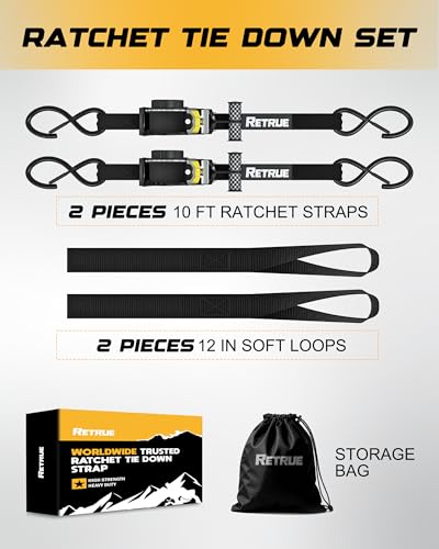 RETRUE Heavy Duty Self-Retracting Ratchet Straps, 10 Feet Retractable Ratchet Tie Down Straps with 1,500lb Break Strength for Trailers, Motorcycles, ATVs, Moving, Cargo Handling & More, Black (2 Pack) - size: 2-Pack