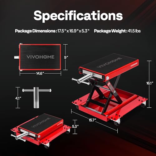 VIVOHOME 1100 Lbs Motorcycle Lift Jack, Steel Wide Deck ATV Scissor Lift with Dolly Wheels & Hand Crank, Bike Garage Repair Hoist Stand for Maintenance, Red - color: Red + Black