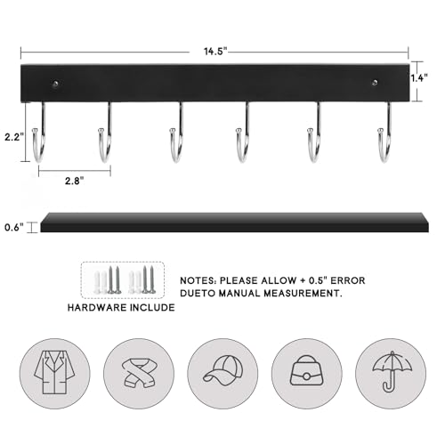 2 Pack Coat Rack Wall Mount with 12 Rotating 180° Coat Hooks, 14.6" Rustproof Wooden Entryway Organizer, Wall Hooks for Hanging Coats, Purse, Hats, Jackets, Towels, Space Saving Hanger (Black) - color: Black