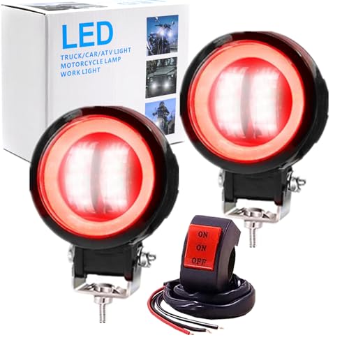 Ourbest Motorcycle Fog Lights with Switch,3inch Motorcycle auxiliary lights, Halo Round led lights, luces exploradoras para moto pair(White Beam with Red Ring)
