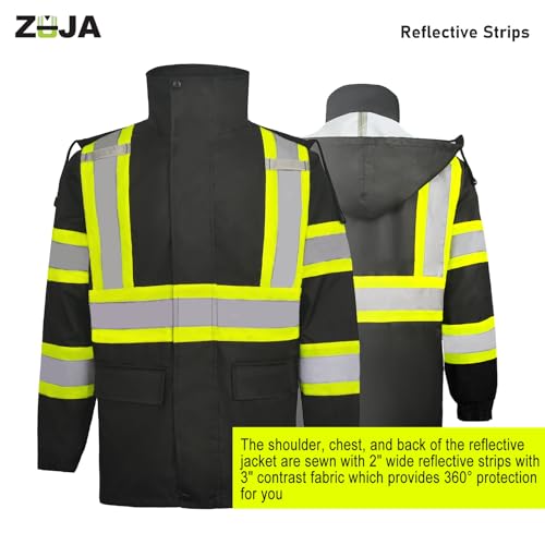 KARXICIY ZUJA Hi Vis Reflective Safety Jacket for Men Women Construction Jacket with Hood High Visibility Safety Rain Jacket - color: Black Rain Suit, size: Small
