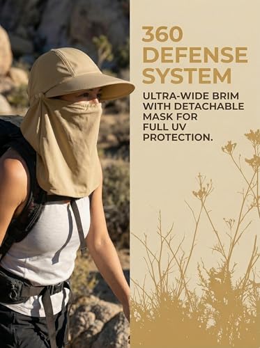 Outdoor Wide Brim Sun Hat Visor for Women, Detachable Face & Neck Cover, Hiking Gardening UPF 50+, Ponytail Friendly - color: Light Khaki