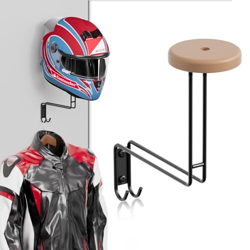Helmet Holder Wall Mount, Motorcycle Helmet Rack with 2 Hooks - Hanger for Bike Coats, Caps, Sports Gear - color: Black 1 Pcs