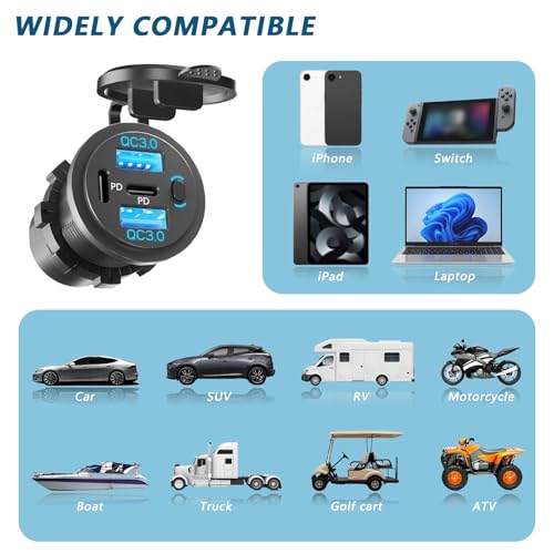2PCS,Dual PD USB C Ports & Dual USB Quick Charge 3.0 Ports 12V USB Outlet with Switch, VANONE Waterproof and Dustproof Car Charger Socket, Accessories for Car Boat Marine Motorcycle RV ATV Golf Cart
