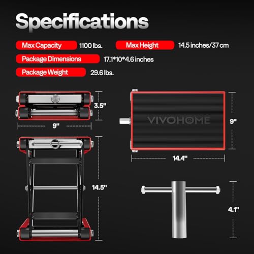 VIVOHOME 1100 LBS Motorcycle Lift Scissor Jack, Wide Deck Hoist Stand, Height Adjustable Center Stand with Crank, Steel Lift for Cruiser, Dirt Bike, ATV - Red - color: Red