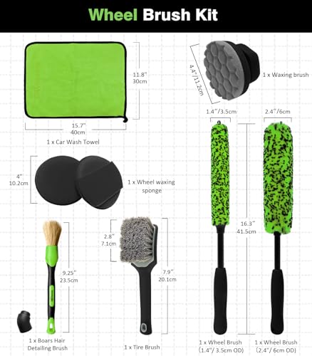 YeewayVeh 8PCS Ultimate Wheel and Tire Brush Kit | 2-Size 360° Bendable Rim Brushes, Boar Hair Detailing Brush, Tire Shine Applicators & Microfiber Towel | Complete Scratch-Free Cleaning & Shining Set - color: Green/Black/Gray, size: 8-Pack