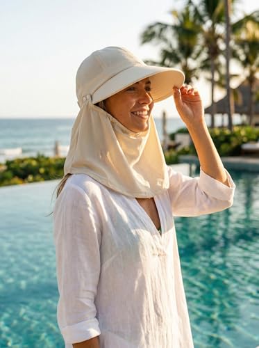 Outdoor Wide Brim Sun Hat Visor for Women, Detachable Face & Neck Cover, Hiking Gardening UPF 50+, Ponytail Friendly - color: Beige