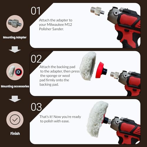 Buffing Polishing Kit for Milwaukee M12 Polisher/Sander,Includes M9 to 5/8-11 Adapter, 3" Backing Pad, Sponge and Wool Buffing Pads(9 Pcs)